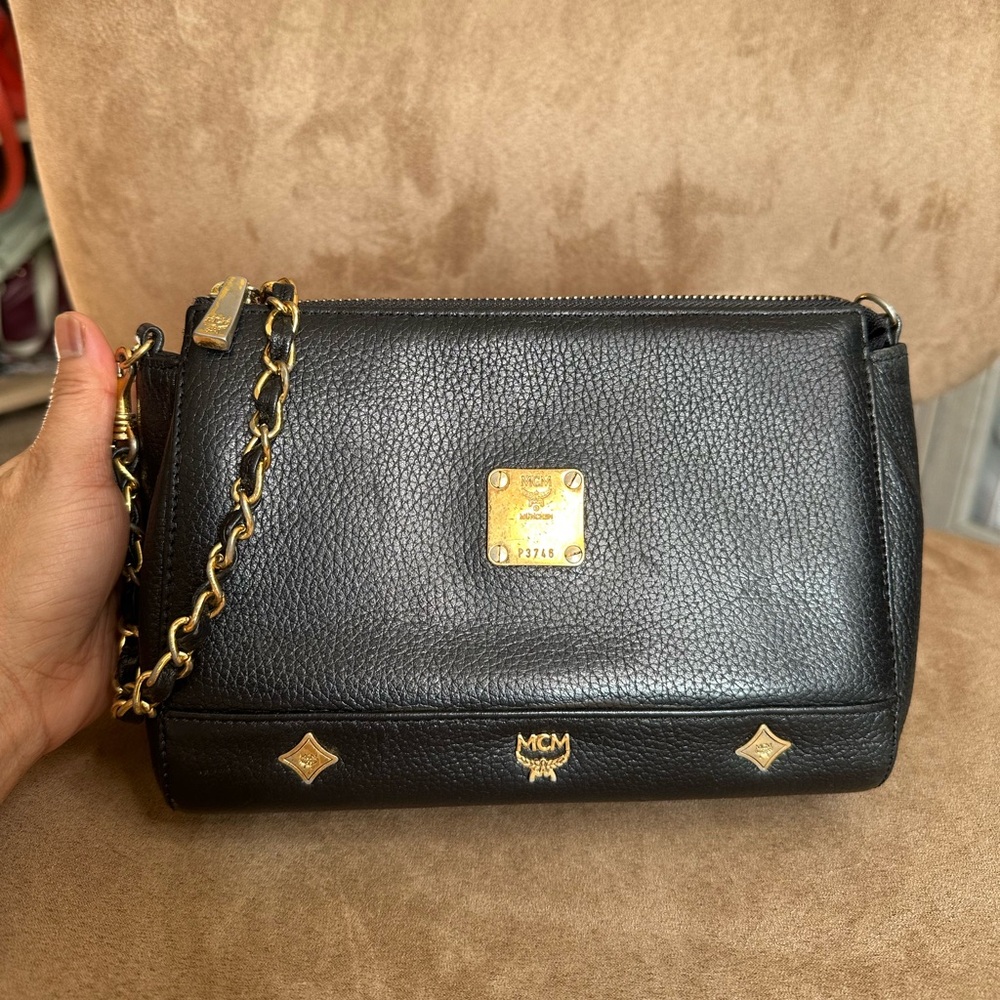 MCM Black Leather w/ Gold Chain Crossbody Bag, Good Condition - Picture 2 of 15